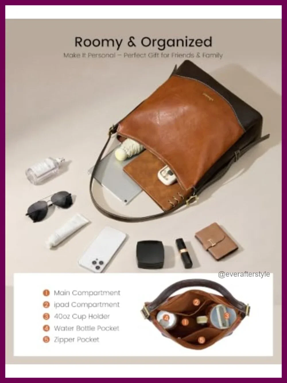 Vegan Leather Hobo Bag with Cup Holder - Crossbody Shoulder Purse